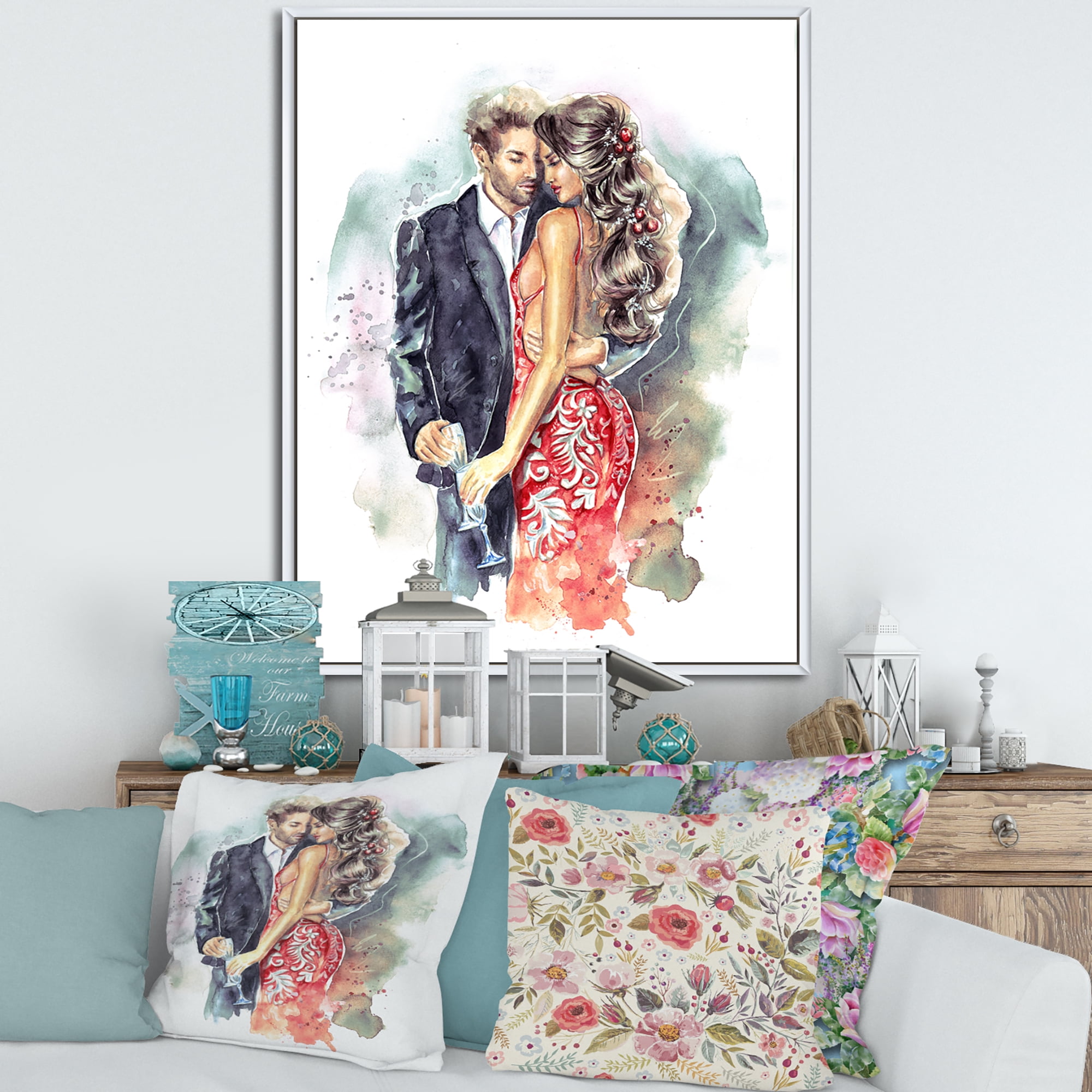 Designart 'Romantic Couple Ith Champagne Glasses At New Year Party' Traditional Framed Canvas Wall Art Print