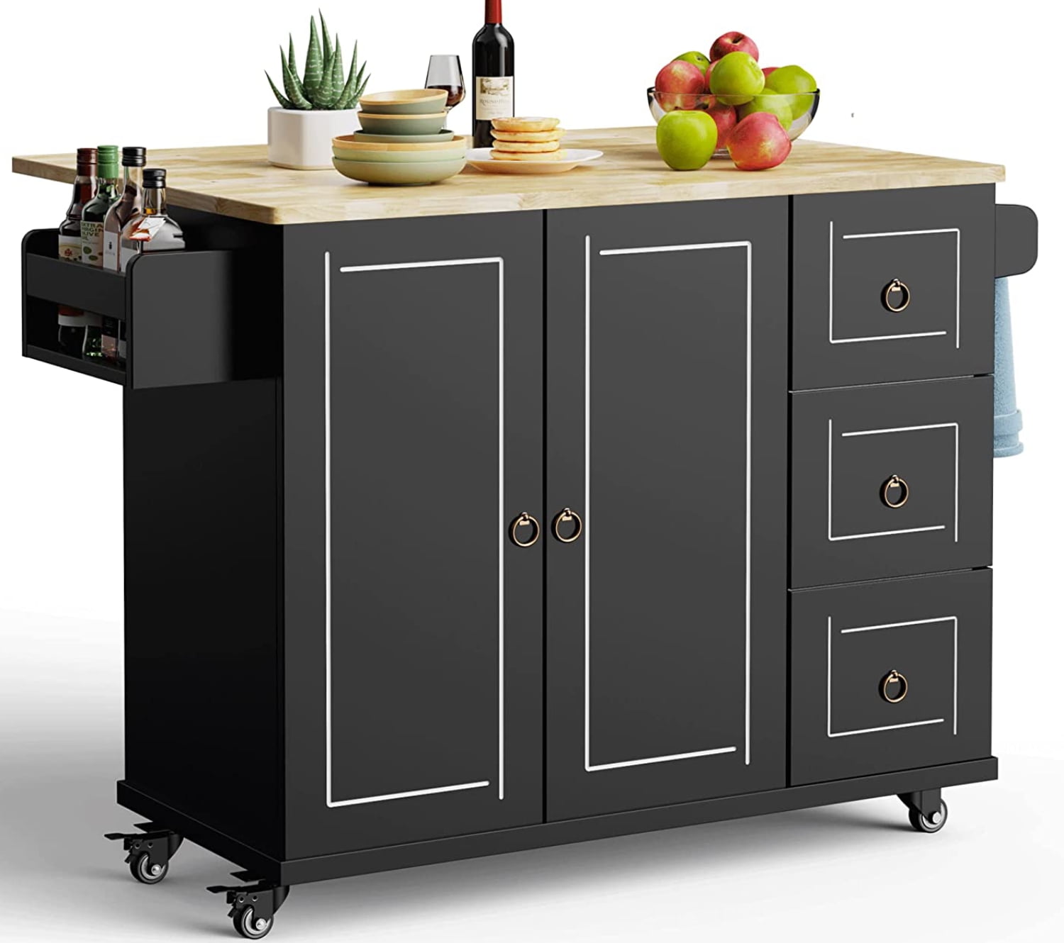 Black Kitchen Island Cart With Solid Wood Top And Locking Wheels With