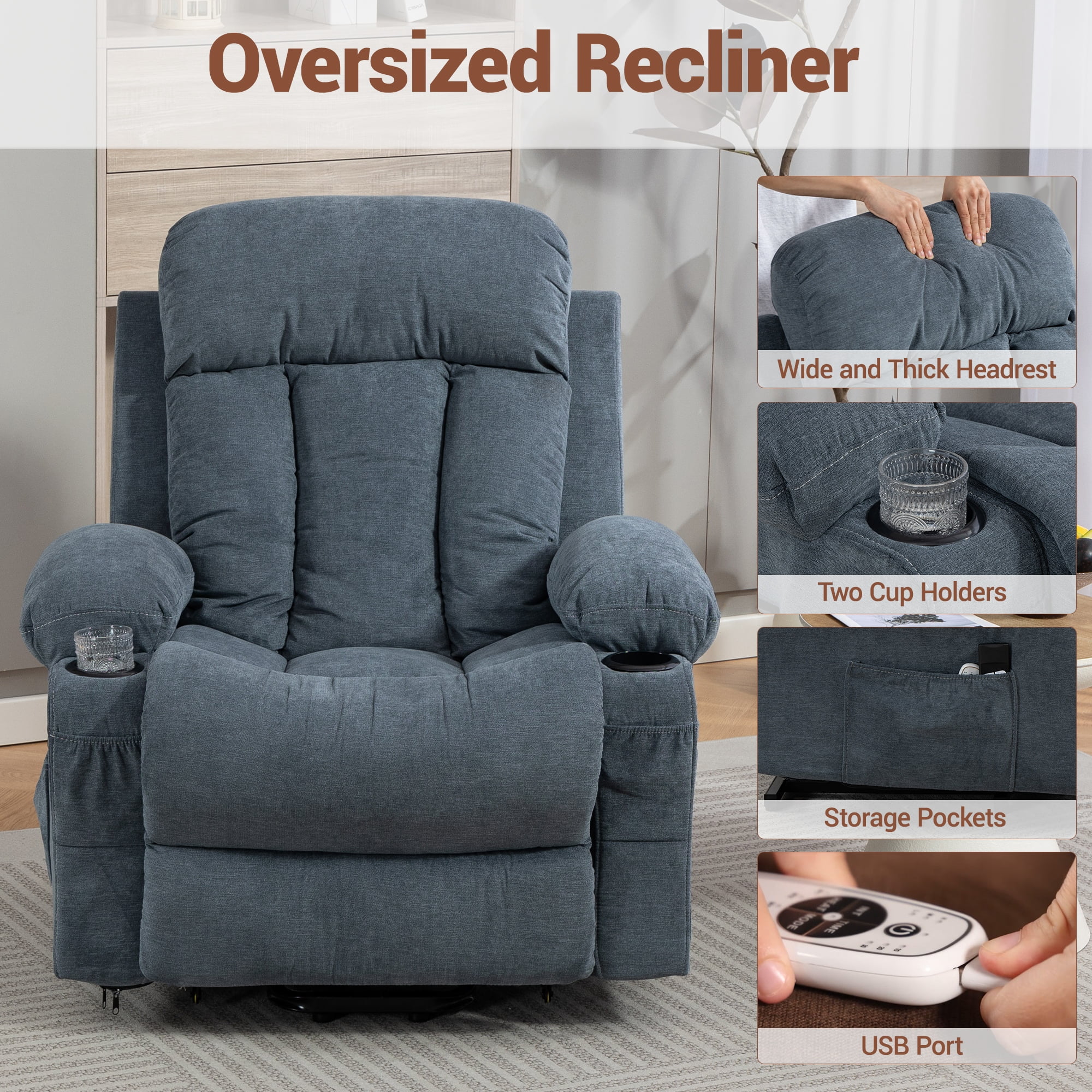 WENTUM Power Lift Recliner Chair for Elderly, Heat and Massage, Chair Side Pocket, USB Charge Port, Remote Control for Living Room, Blue