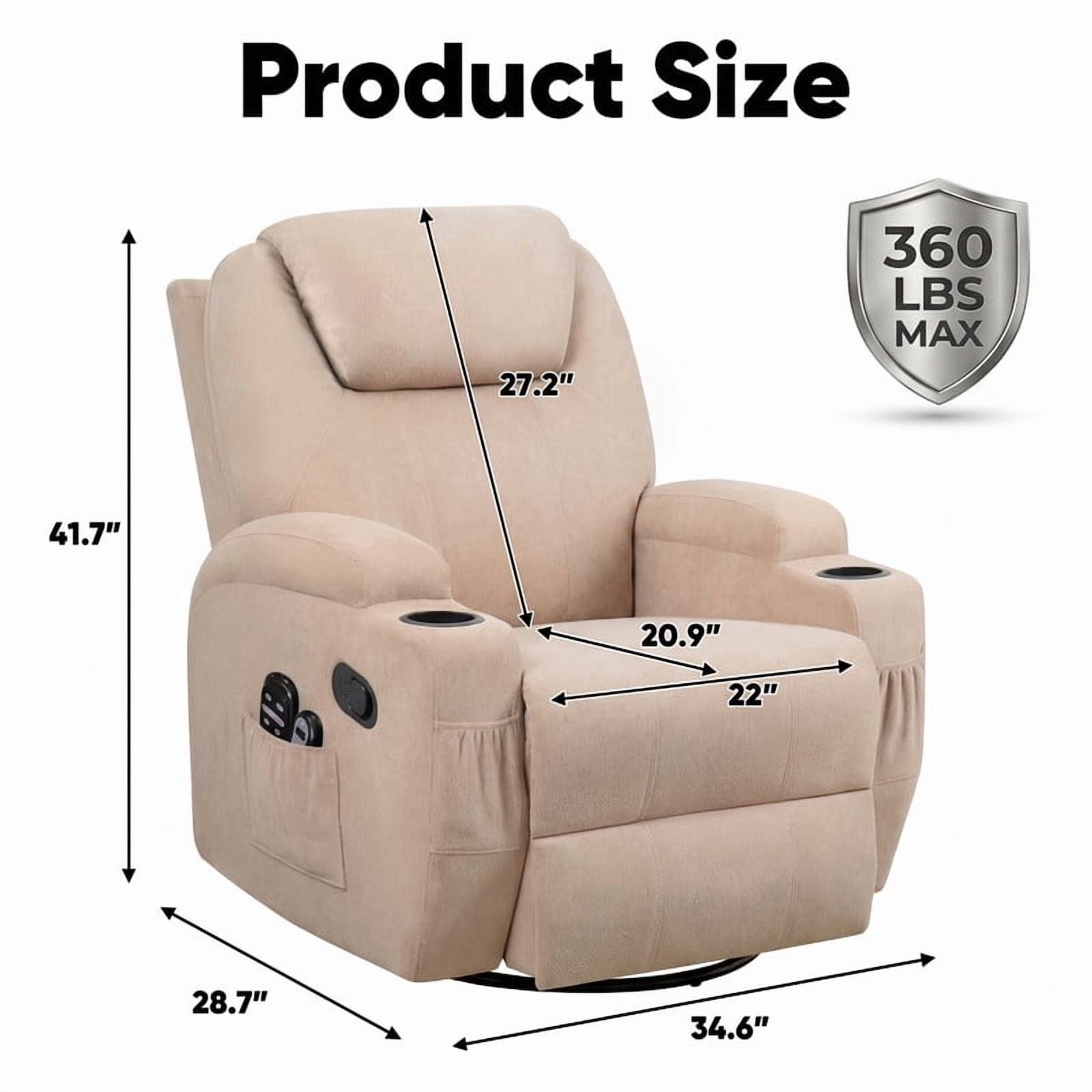 Lacoo PU Leather Swivel Rocker Recliner with Massage for Living Room Small Spaces Lounge Recliner Chair with Side Pockets for Adults,Linen Beige