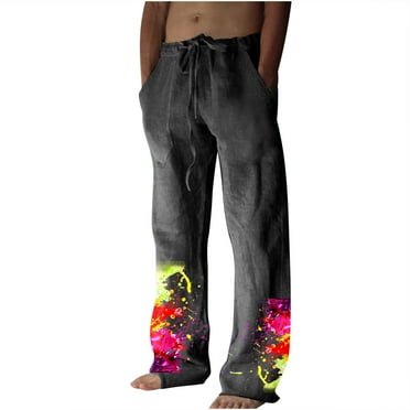IROINNID Drawstring Pants for Men Deals Summer Cotton Linen Wide Leg Loose Fit Pants Printed Leisure Sports Holiday Pants,Dark Gray