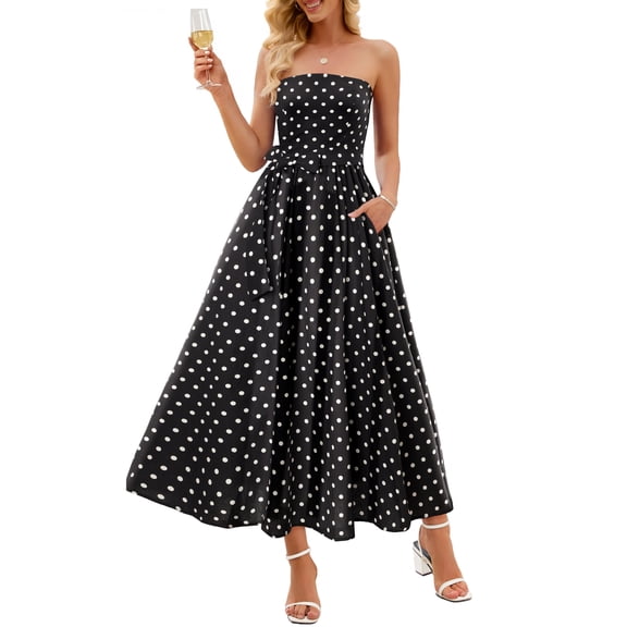 MEROKEETY Women's 2026 Summer Strapless Tube Floral Maxi Dress Boho Tie Flowy Beach Wedding Guest Long Sundress, Black, L