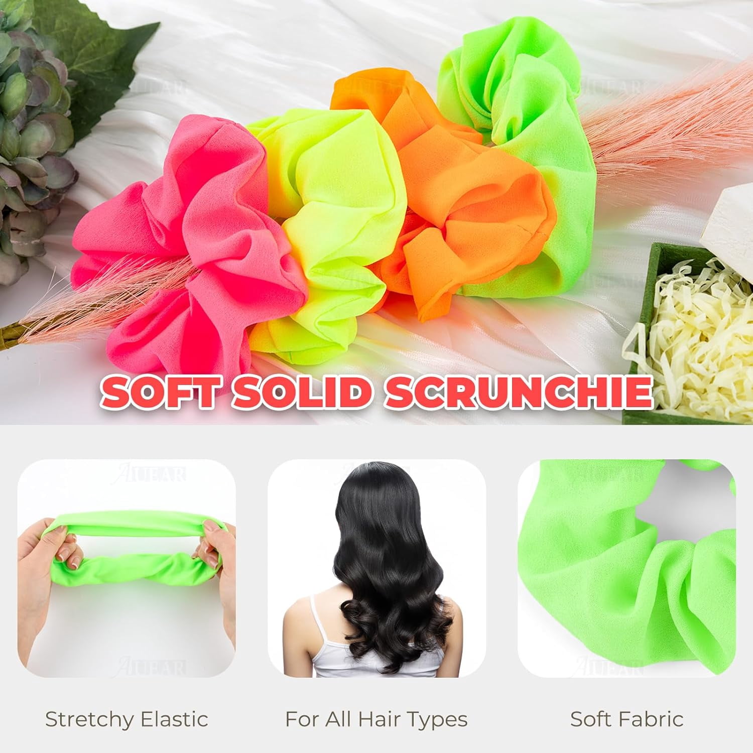 Neon Scrunchies Bulk Polyester 48 Pack Bright Colors 80s Hair Accessories Women 8 Pack Neon Scrunchies, 80s Bright Neon Hair Scrunchy  main image 3