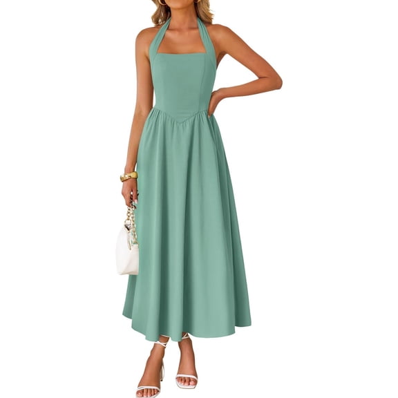Women's Halter Neck Midi Dress Sleeveless High Waist Dress for Summer Beach Wedding Guest Casual Wear