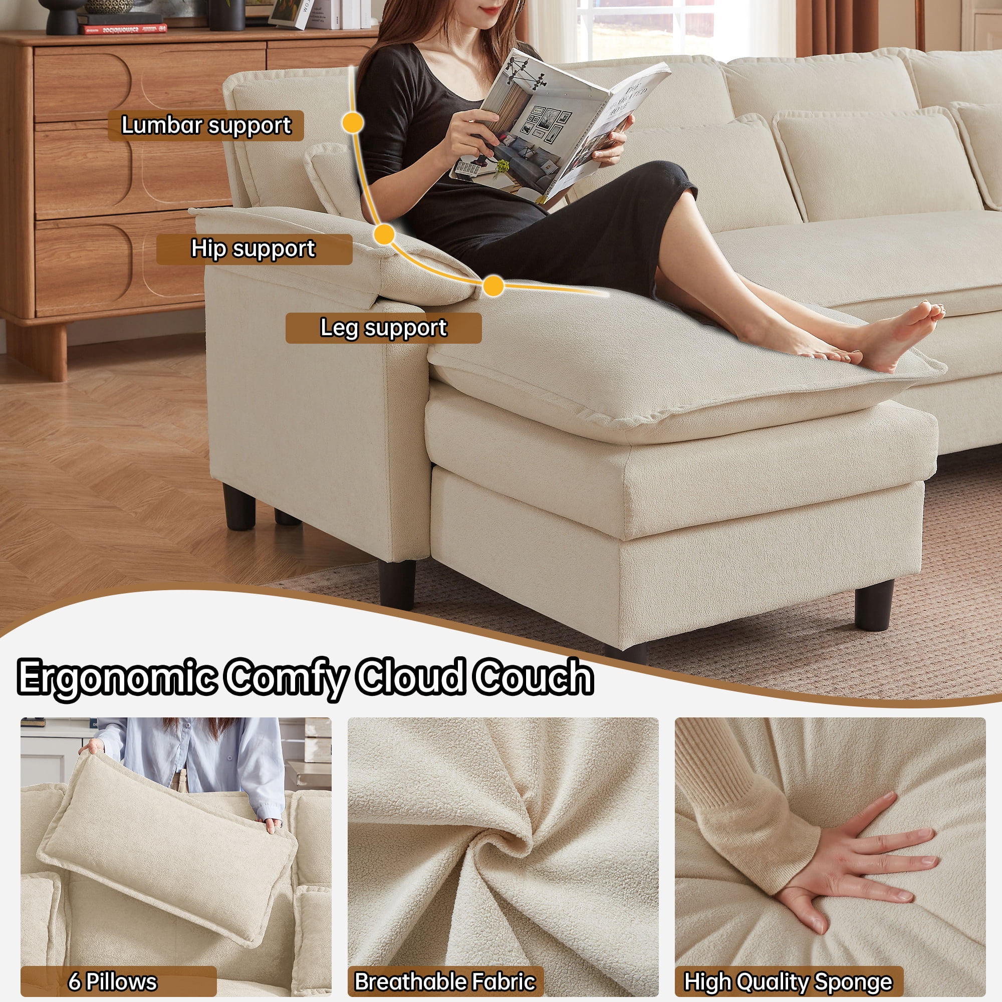 Pingliang Home Oversized U Shaped Couch,4 Seat Sectional Sofa with 4 Pillows,Upholstered Symmetrical Cloud Couch with Double Chaise,Wrap Around Sofa Modular sofa for Living Room Apartment Office