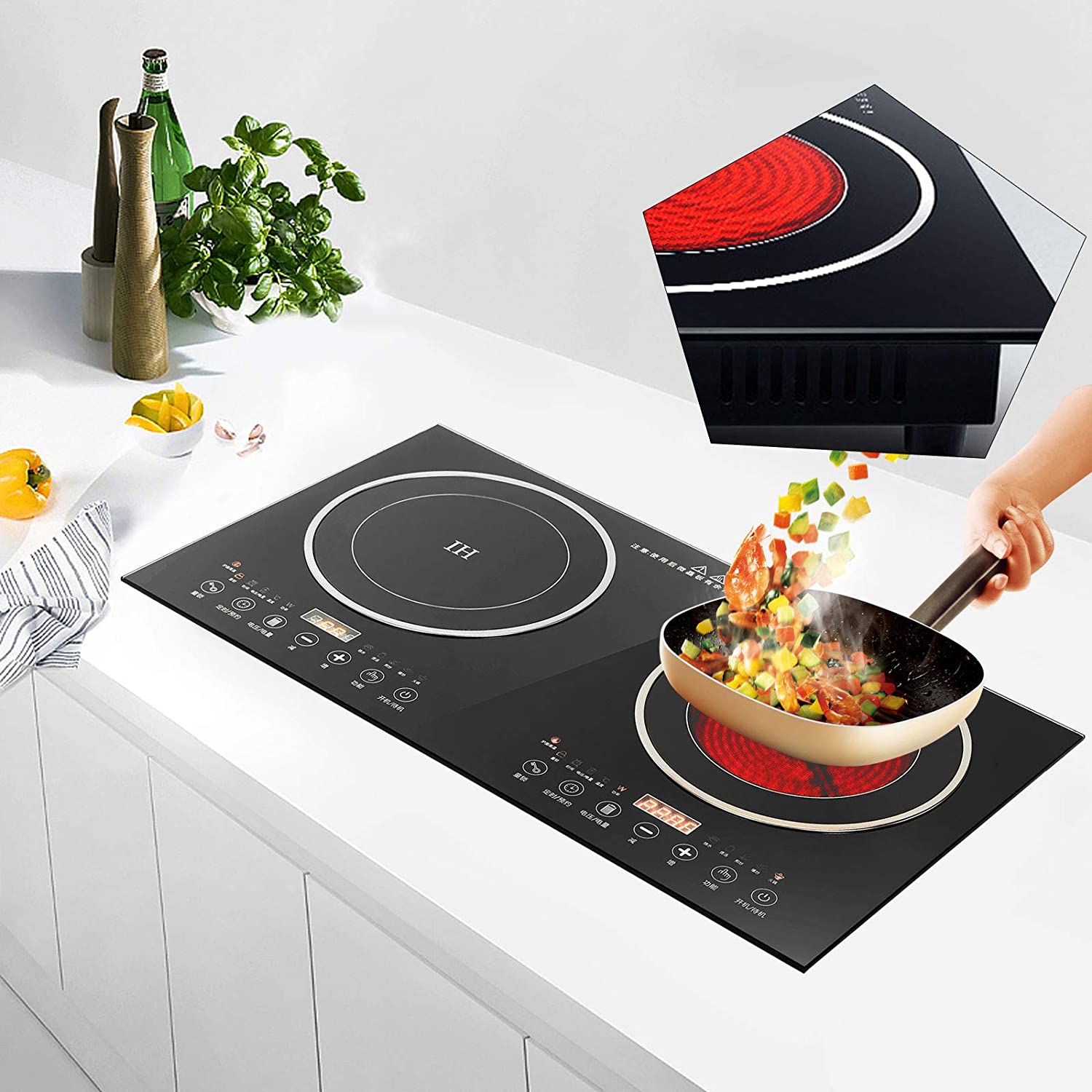 QTYANCY Portable Induction Cooktop, 2 Burner with Removable Griddle Pan, 8 Heating Levels, Timer, Independent Control