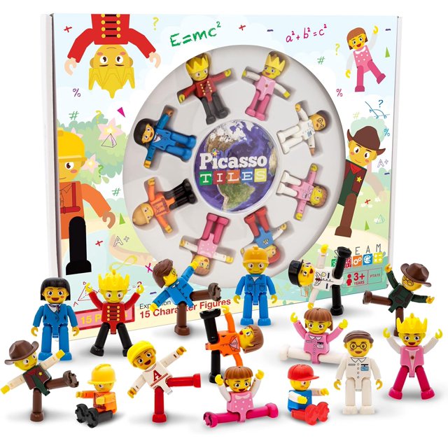 SHILIU-Magnetic 15 Piece Character Action Figures Toddler Toy Set Magnet Expansion Variety Pack Educational Add-on STEM Learning Kit Pretend Playset for Construction Building Block Tiles PTA15