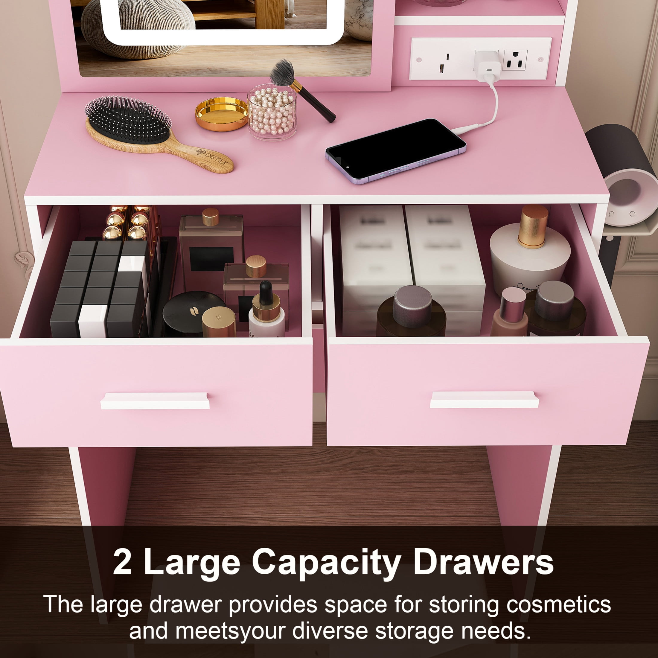 Noble House Makeup Vanity Desk with Stool, LED Mirror, Hidden Storage and Power Outlet, Pink