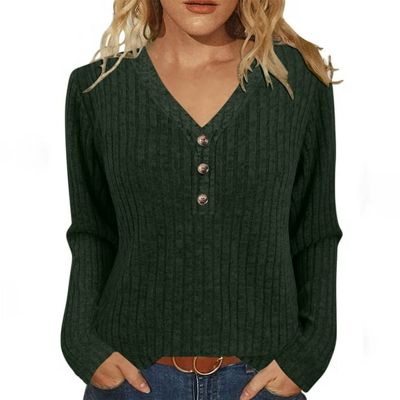 ZUKMRJPC Womens V Neck Sweaters Long Sleeve Slim Fit Lightweight Knit Sweater Fall Fashion Casual Pullover Sweater with Decorative Buttons