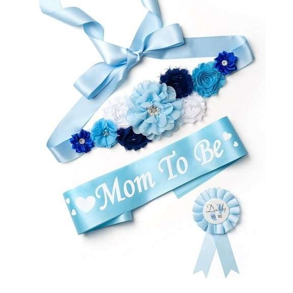3pcs Baby Shower Maternity Sash Belly Belt, Mom to Be & Dad to Be Button Pin, Pregnancy Maternity Flower Sash Belt for Gender Reveal