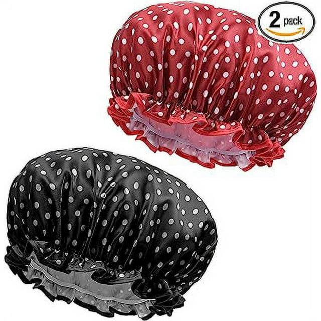 Paquete de 2 gorros de ducha impermeables (negro+rojo), gorros de ducha reutilizables, gorros de ducha elásticos de doble capa, accesorios grandes para el cabello de ducha para mujeres y niñas, spa de