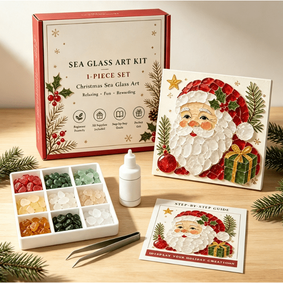 Christmas Sea Glass Art Kit, Holiday Themed Mosaic DIY Craft Set, Simple Assembly Art Making Kit, Versatile Wall & Desktop Christmas Decor, Thoughtful Gift for Handicraft Lovers (Santa Claus)