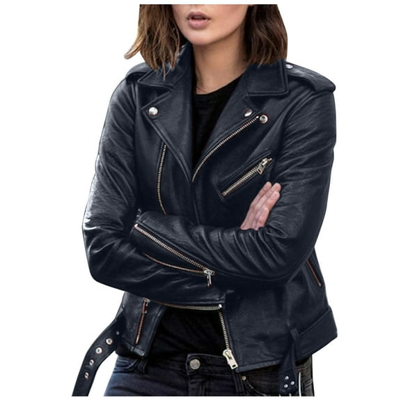 KDFJPTH Women Plus Size Leather Jacket Long Sleeve Zipper Fitted Artificial Leather Coat Fall Short Jacket Slim Coat