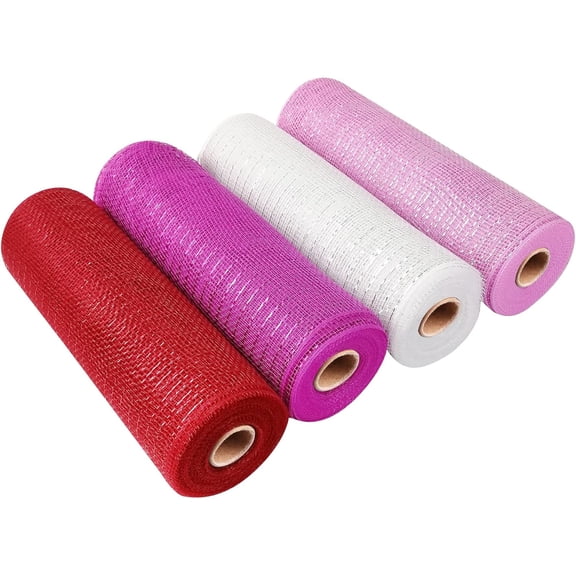 4 Roll Valentine's Day Poly Mesh Ribbon - 10 Inch x 30 Feet Wired Edge Deco Mesh Ribbon for Wreath, Floral Arrangements, Christmas & Valentine Craft Decorating-dh