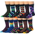 thumbnail interactive-video image 1 of VIVA Men's Funky Fashion Socks - 12 Pairs Dozen, Colorful Pattern Casual Dress Socks, Size 10-13, 90% Cotton 1 of 6