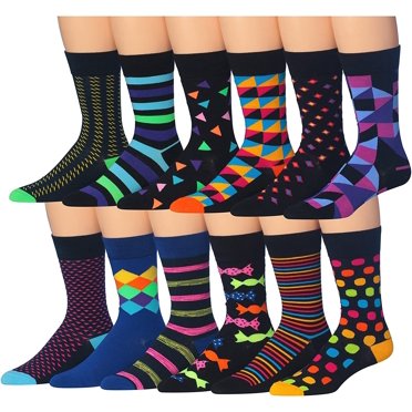 VIVA Men's Funky Fashion Socks - 12 Pairs Dozen, Colorful Pattern Casual Dress Socks, Size 10-13, 90% Cotton