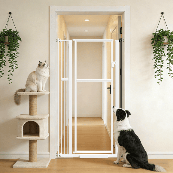 59" Extra Tall Clear Pet Gate, 29"-37" Adjustable Pressure Mounted Dog Cat Barrier White