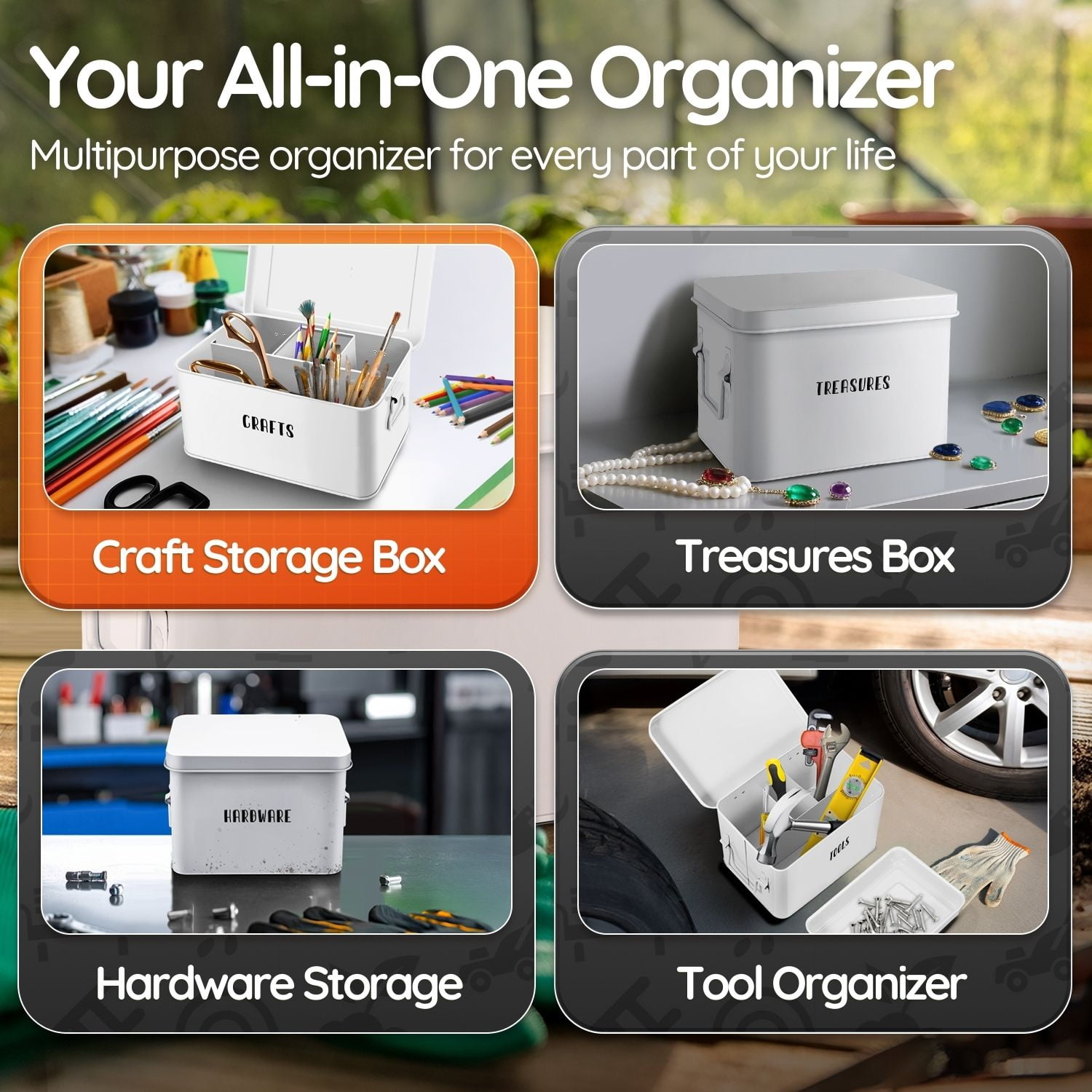 Flexzion Tin Storage Box with Removable Tray, 8 Inch Seed Organizer Box and Metal Seed Holder Organizer with Hinged Lid, Toolbox Container for Crafts, Hardware, Tools, Essentials – White