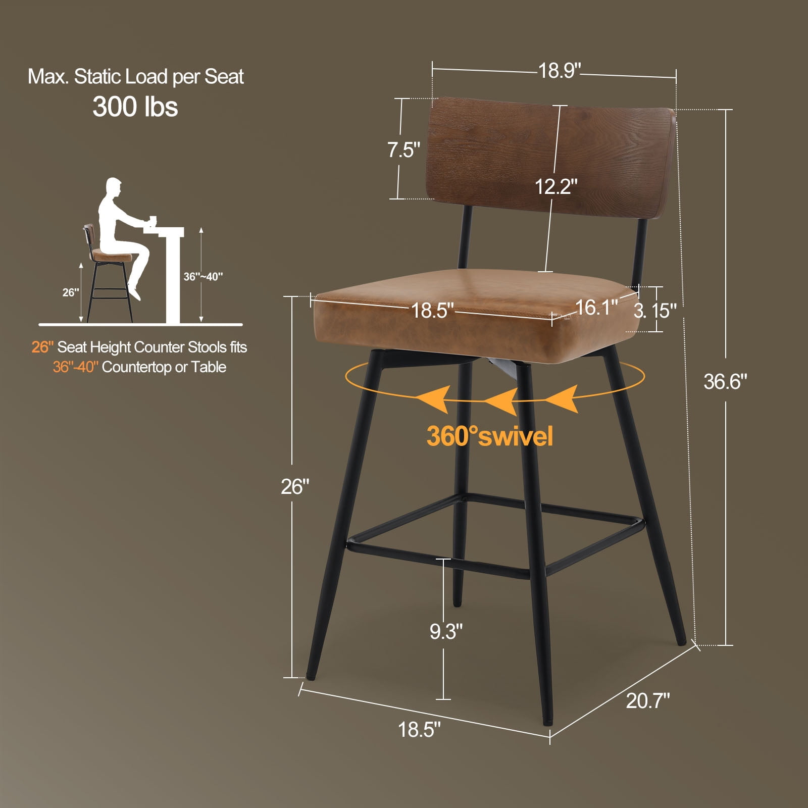 Foreate Swivel Bar Stools, 26" Counter Height Set of 2 with Wood Mid Back, Modern Mid Century Leather Bartools Upholstered Bar Chair for Kitchen Island Dining Room Office