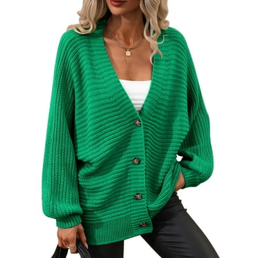 Green Oversized Loose Sweater with Buttons for Women, Long Sleeve V-Neck Batwing Knit Cardigan