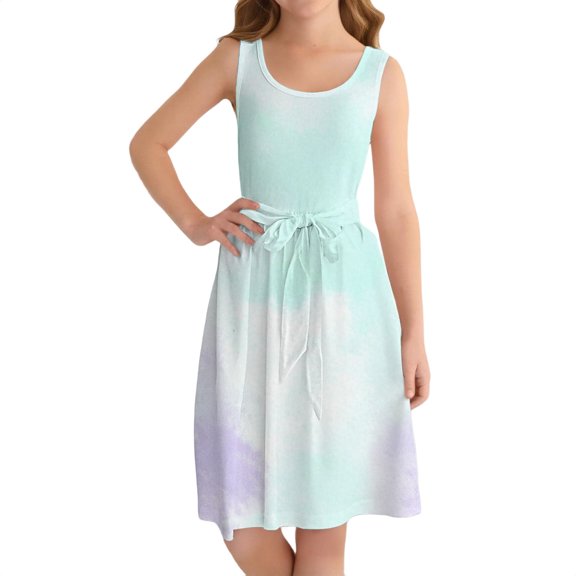 Ruyang Teen Girls A Line Midi Dresses Tie-dyed Ruffle Hem Crewneck Sleeveless Tank Dresses Summer Boho Beach Sundress
