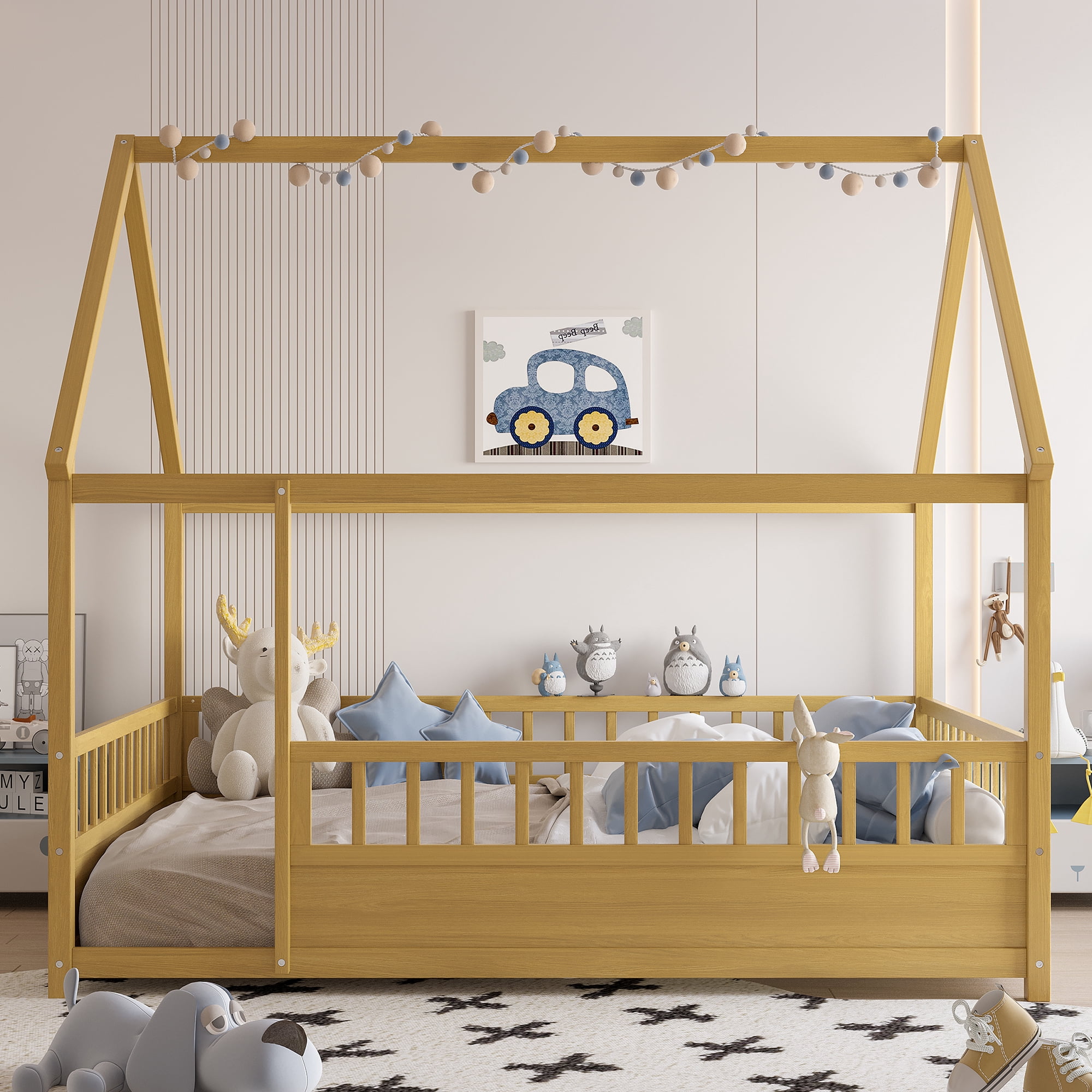Floor Wooden Bed with House Roof Frame, Full Size Fence Guardrail Bed for Kids, Natural Pine Wood Children's Bedroom Furniture, 20-Inch High Fence with Roof Structure