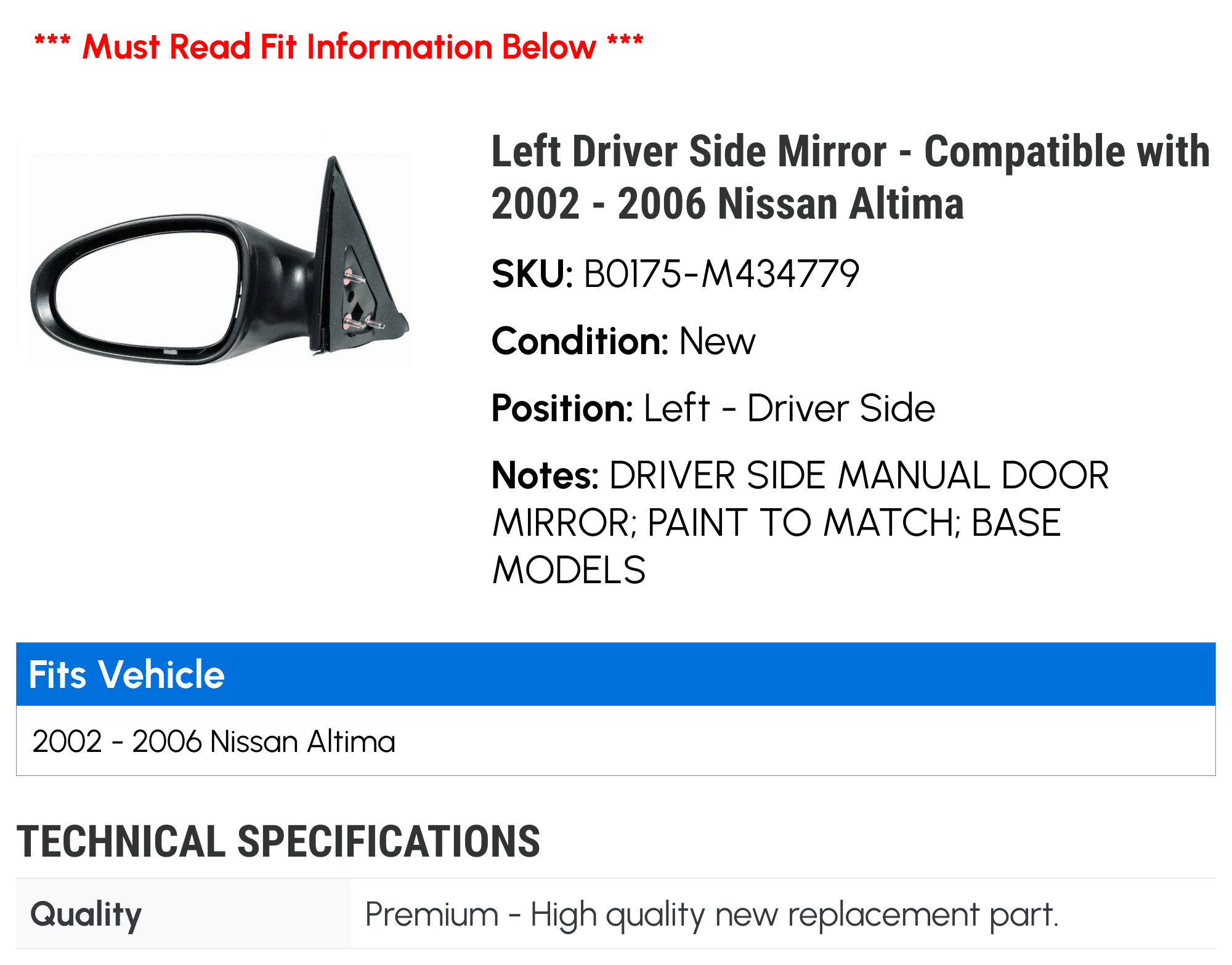 Left Driver Side Mirror - Compatible with 2002 - 2006 Nissan Altima 2003 2004 2005