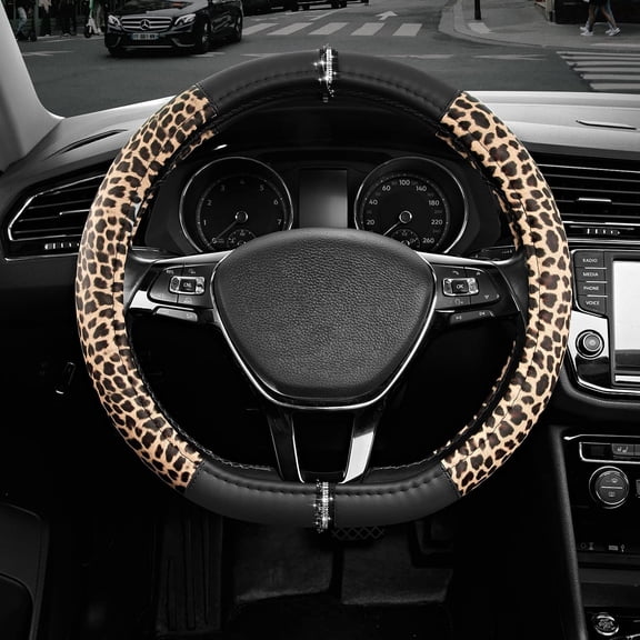 Road Comforts Leopard Steering Wheel Cover for Women, Cute Anti-Slip Premium PVC Leather, Fit 14.5-15 Inches Round Steering Wheel - Black