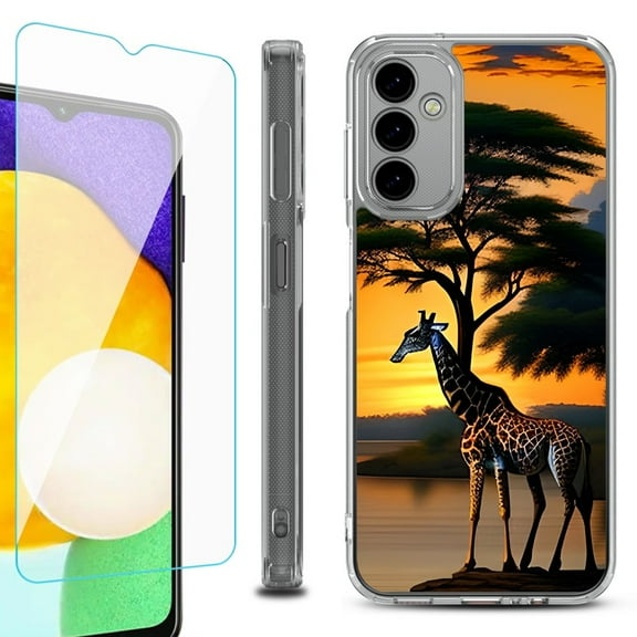 Shockproof Bumper Phone Case for Samsung Galaxy A14 5G, with Tempered Glass Screen Protector, by OneToughShield ® - Giraffe Sunset