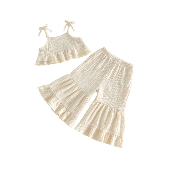 BemeyourBBs Toddler Baby Girls Summer Clothes Cotton Linen 2 Pieces Outfit Spaghetti Strap Tie-up Sleeveless Ruffle Camisole Vest Tank Tops With Flare Pants Set