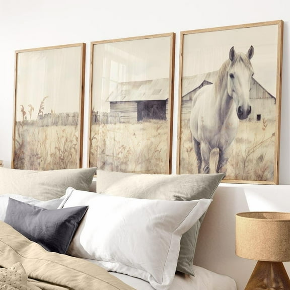 Luvia Horse, Farmhouse Equestrian, White Horse Print, Set Of 3, Vintage Horse Poster, Farm Art, Modern Wall Decor Set 3 Prints 8x12 UNFRAMED