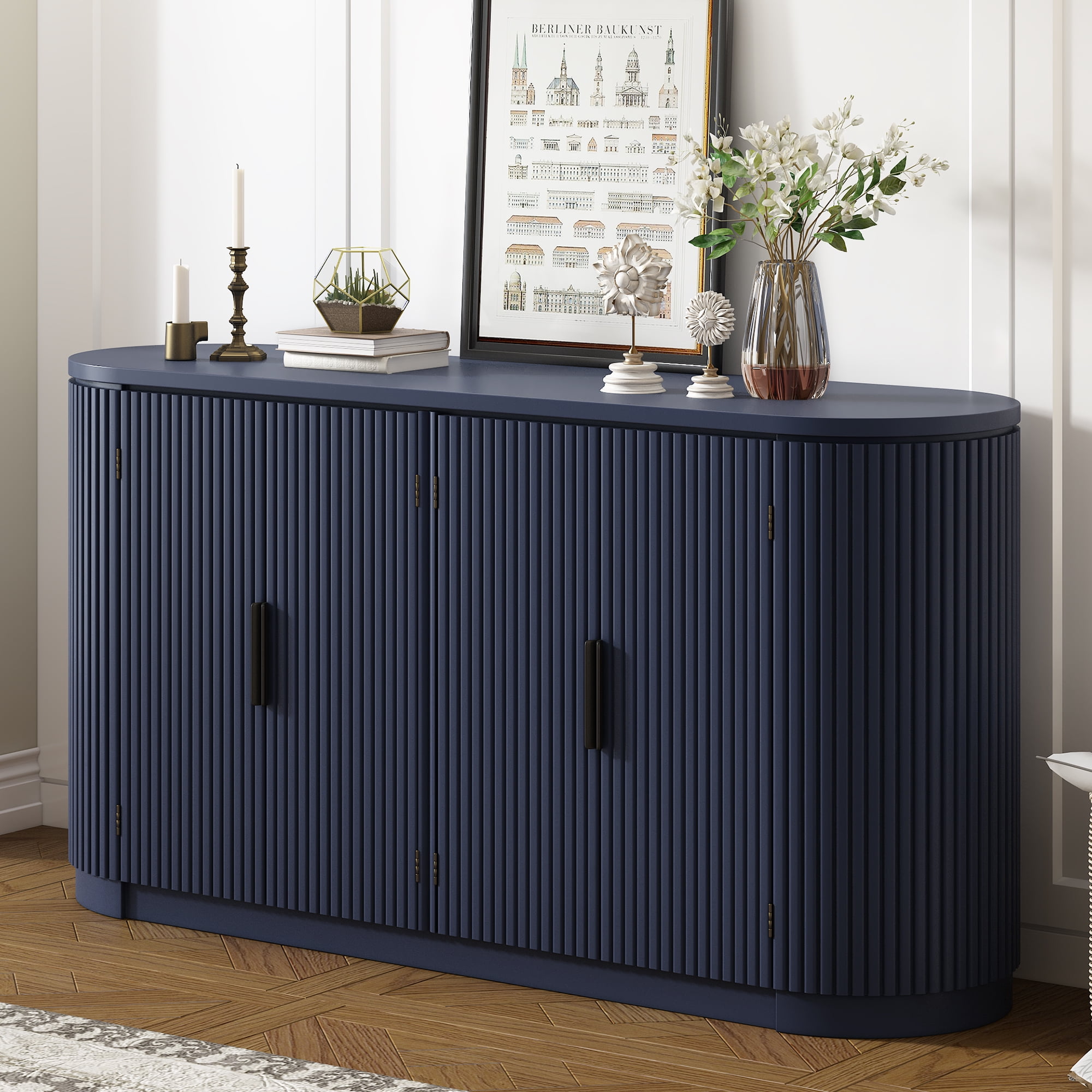 EUROCO 63'' 4-Door Sideboard Storage Buffet Cabinet, MDF Buffet Cabinet with Vertical Striped Doors, Metal Handles and Adjustable Shelves for Study, Entryway and Living Room, Navy Blue
