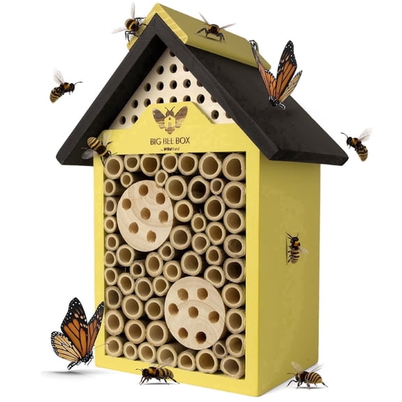 Wildyard Mason Bee House Cedar Wood Bamboo Pollinator Nesting Box Yellow Insect Hotel