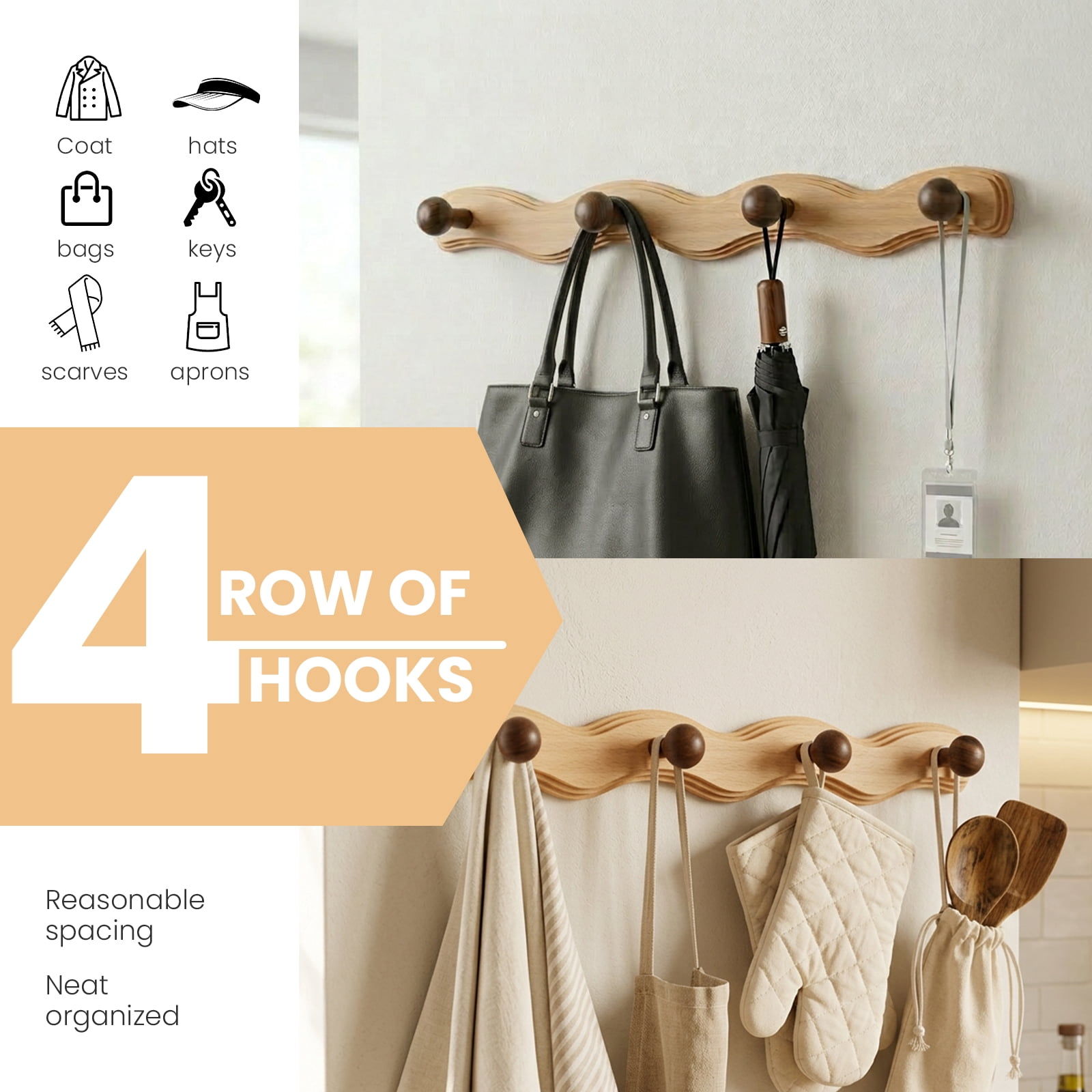 Wood Wall Mounted Coat Rack with 6 Hooks Wooden Hangers Wall Hook for Entryway Bathroom Bedroom Kitchen for Hanging Clothes Keys Robes Purse Towels Bags