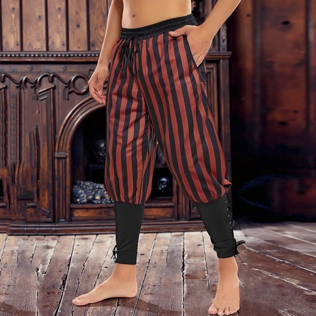 Ceisia Men's Gift All-Season Pirate Pants - Striped Patchwork Drawstring Leggings Medieval Halloween Casual Long Pants