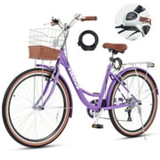 VIRIBUS 24" Beach Cruiser Bike for Women, City Cruiser Bicycle with 7 Speed Basket Purple