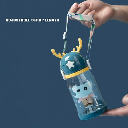 

600ML Cartoon Children\ s Water Bottle with Straw and Strap Portable Drinking Cup