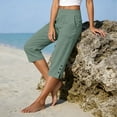 thumbnail image 5 of TtopsQueen Womens Summer Linen Capri Pants, High Elastic Waist Relaxed Cropped Trousers, Side Hem Button Slit Design Casual Walking Pants with Pockets Mint Green,XXL, 5 of 6