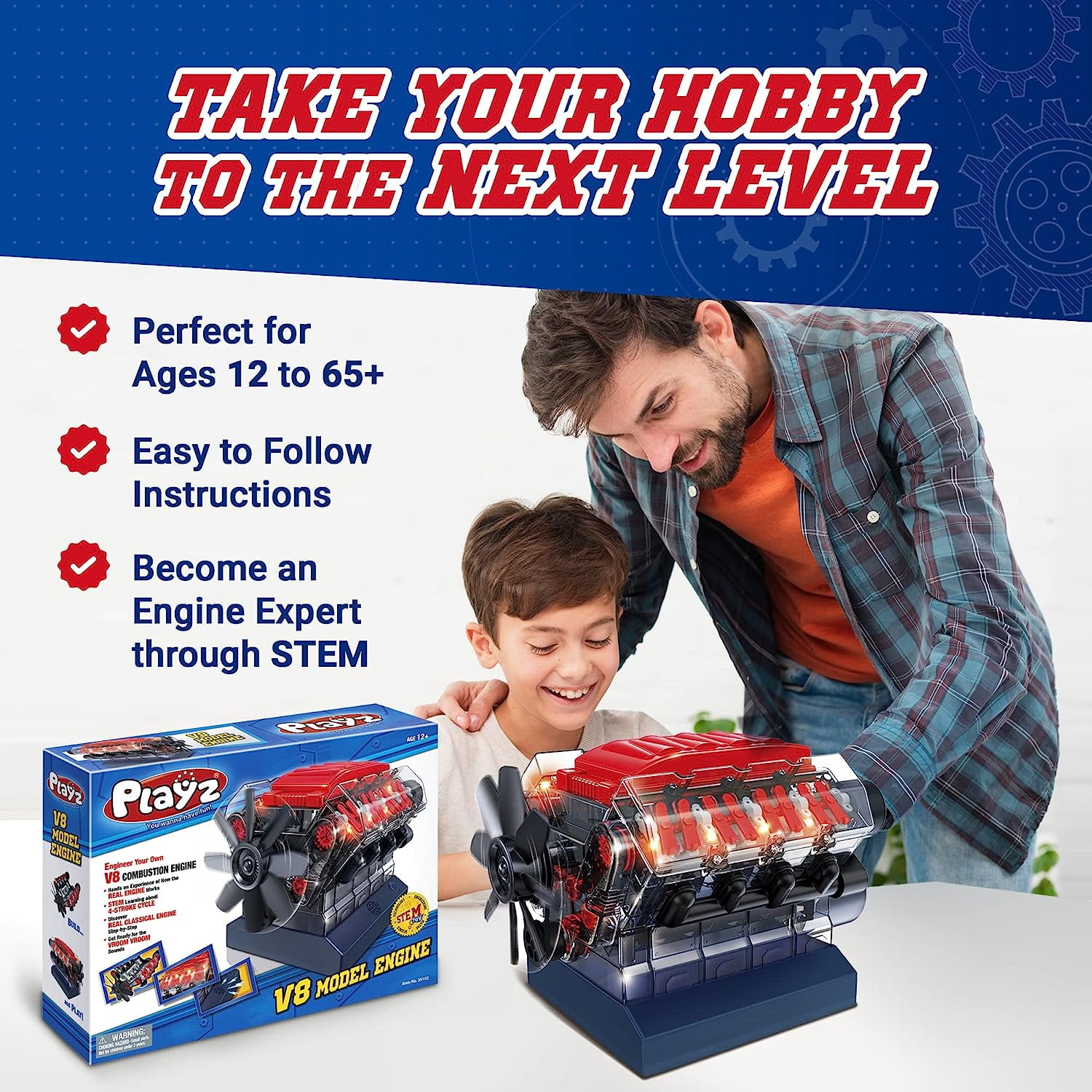 Playz V8 Combustion Engine Model Building Kit for Kids, Adults - STEM Hobby  Toy, Educational Engineering & Science Kit for Aspiring Engineers Ages 12+ 