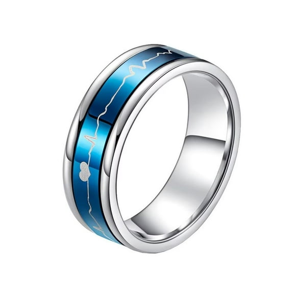PAMTIER Unisex Stainless Steel 7MM Blue Electrocardiogram Rotatable Couple Ring Real Lover Heartbeat Wedding Bands Size 8