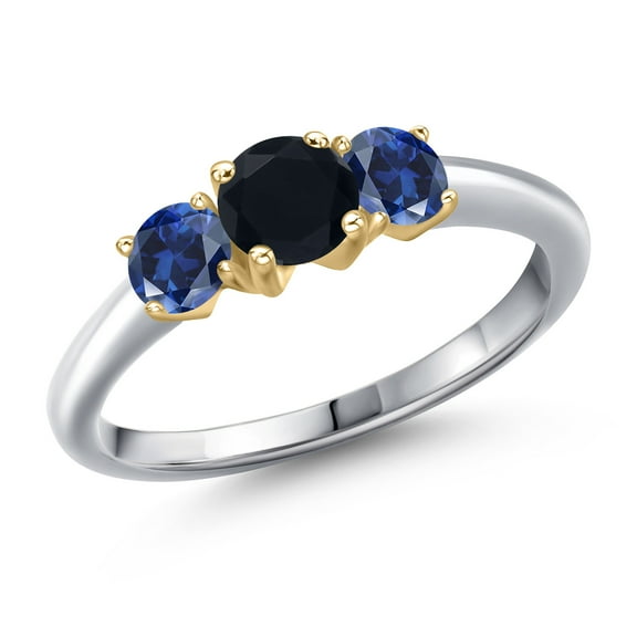 Gem Stone King 10K Two Tone Gold Black Onyx and Blue Created Sapphire Engagement Ring for Women | 0.98 Cttw | Round 5MM | Gemstone December Birthstone | Size 5