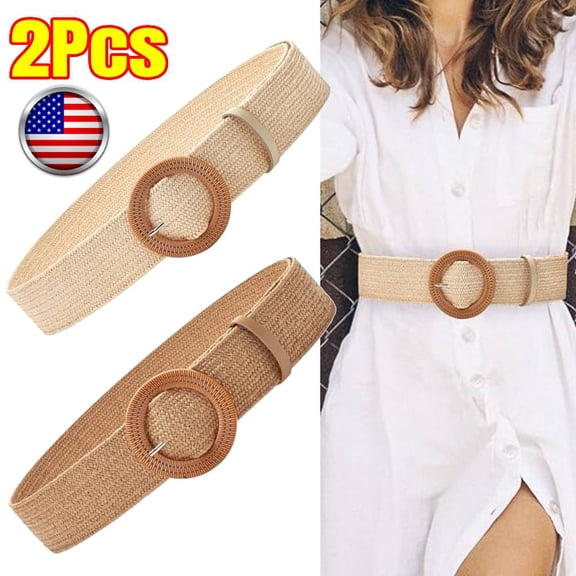 2PCS Women Straw Woven Elastic Stretch Waist Belt Skinny Boho Ladies Braided Dress Belt With Wooden Style Buckle