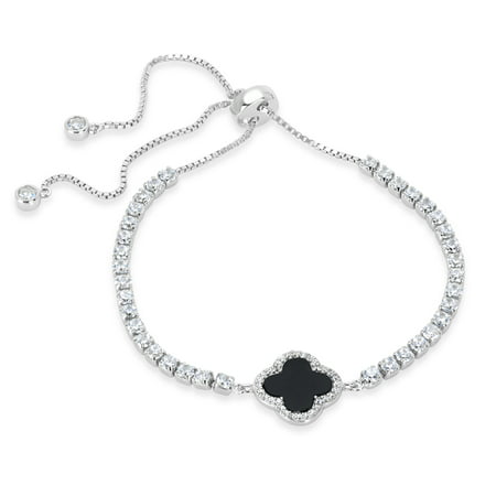 10mm Black Onyx and White Cubic Zirconia Sterling Silver Rhodium Plated Clover Box Chain Bolo Bracelet 10