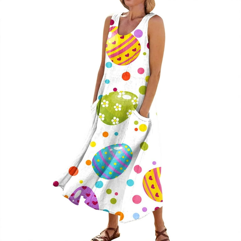 LTTVQM Easter Pink Maxi Dress for Women Egg Bunny Easter Print Casual  Dresses 2024 Summer,flowy Cotton Linen Dress Sleeveless Sundress Plus Size  Scoop