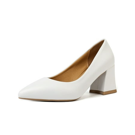 

Wazshop Womens Pumps Slip On Dress Shoe Pointed Toe Heeled Pump Lightweight Chunky Block Shoes Women Mid Heels Plain Fashion White 5.5