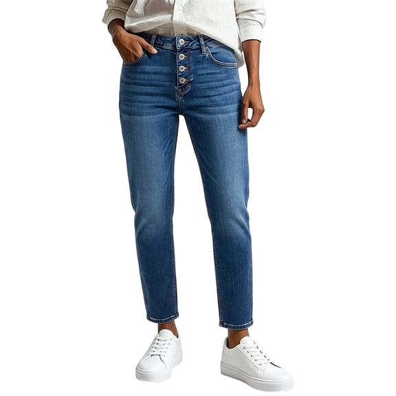 QIYAGBSA Women's Straight Leg Jeans High Waisted Button Fly Five Pocket Denim Casual Everyday Wear (Dark Blue, XL)