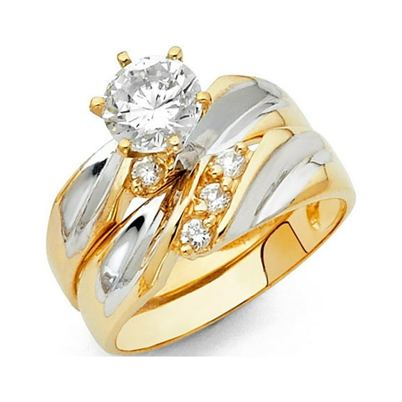 14k Two Tone Gold 1.30 ct CZ Wedding Band Ring Trio Set Bride & Groom