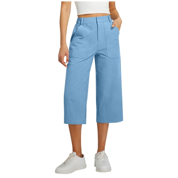 SYMOID Womens Casual Capris High Waisted Wide Leg Pants Cropped Stretch Dress Trousers with Pockets Nylon Spandex Blue,Size 2XL