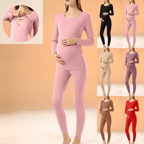 YHAJDS Two Piece Set for Women,Fall Winter Outfit Set Solid Color Long Sleeve Crew Neck Maternity Nursing Top With Adjustable Waist Pants Warm Comfortable Maternity Loungewear For Fall Winter