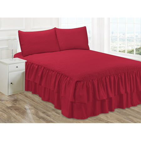 Jacky Red King 3 Piece Modern Embossed Solid Ruffled Bedspread